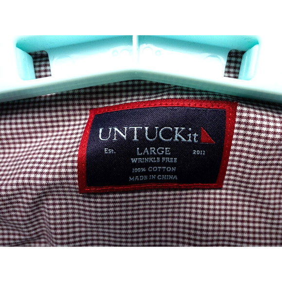 UNTUCKit Shirt Mens Large Maroon White Gingham Plaid Wrinkle Free Casual Preppy - Picture 2 of 10